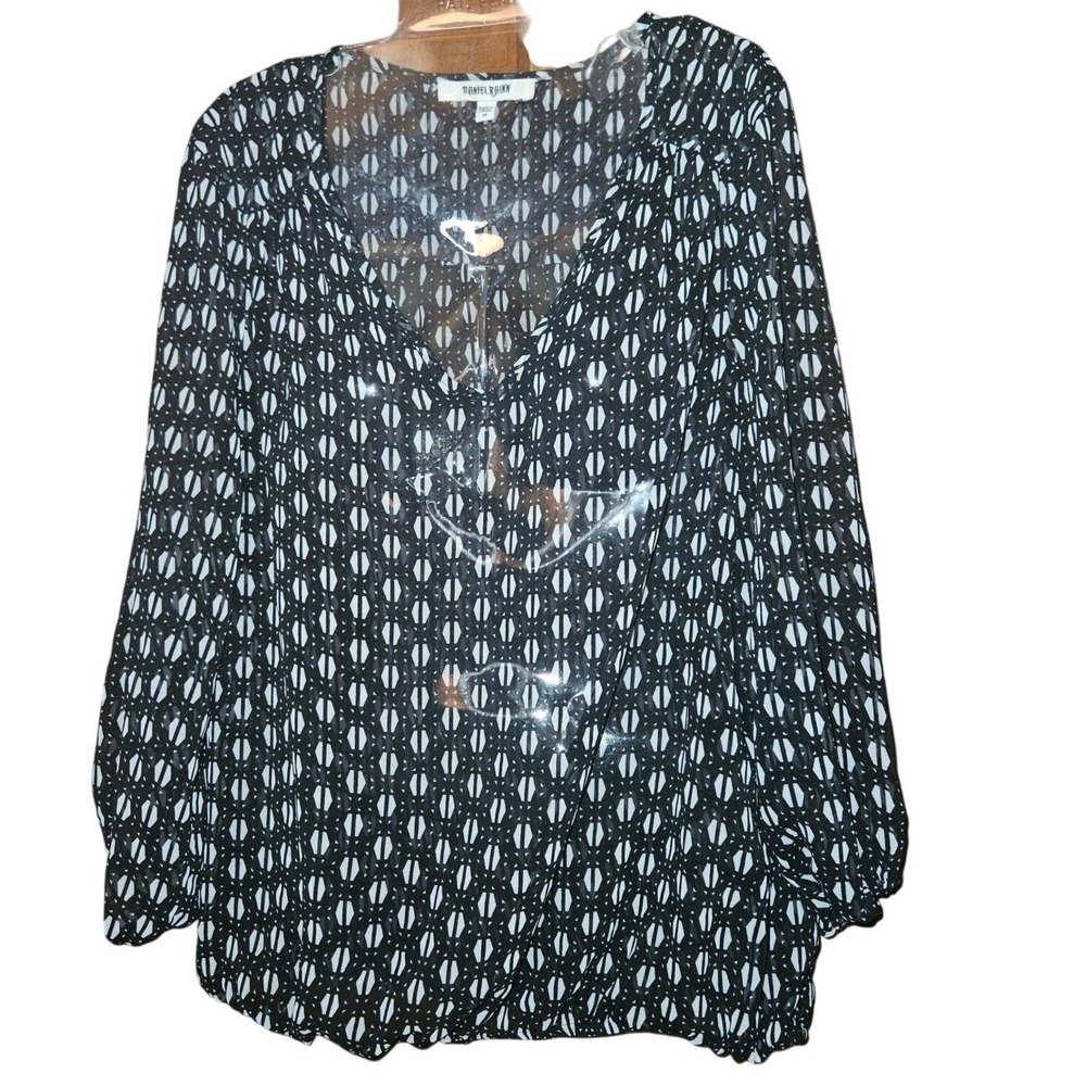 Daniel Rainn Womens Black White Geometric Lattice V-Neck Blouse Size M